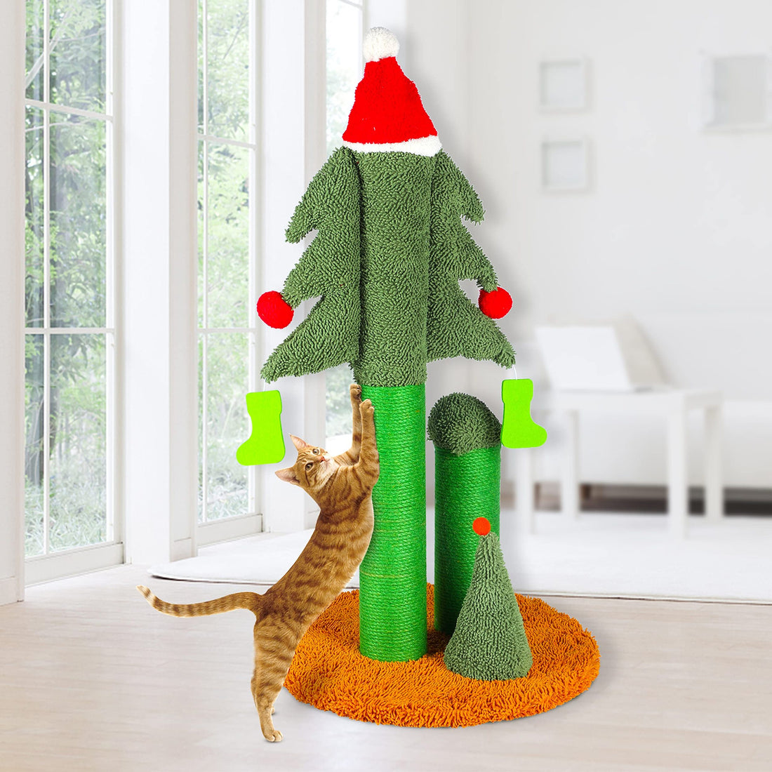 32'' Cat Scratching Post, Tall Christmas Tree Cat Scratcher With 3 Posts And Cute Dangling Teaser Balls, Natural Sisal Rope Cat Toys For Kitty And Adult Cats Green Cat Paper