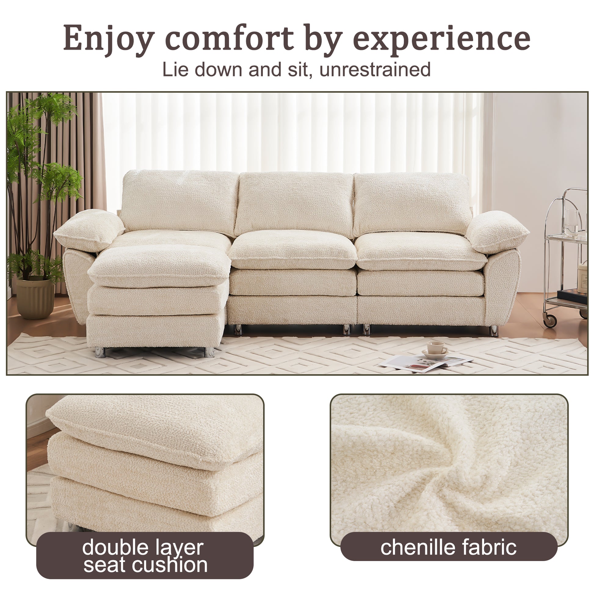 Modern Deep 3 Seat Sofa Couch With Ottoman, Polyester Sofa Sleeper Comfy Upholstered Furniture For Living Room, Apartment, Studio, Office, Beige Beige Polyester 3 Seat