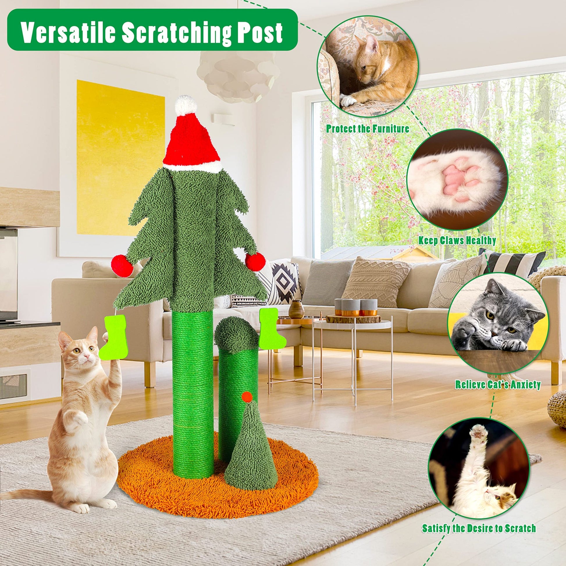 32'' Cat Scratching Post, Tall Christmas Tree Cat Scratcher With 3 Posts And Cute Dangling Teaser Balls, Natural Sisal Rope Cat Toys For Kitty And Adult Cats Green Cat Paper