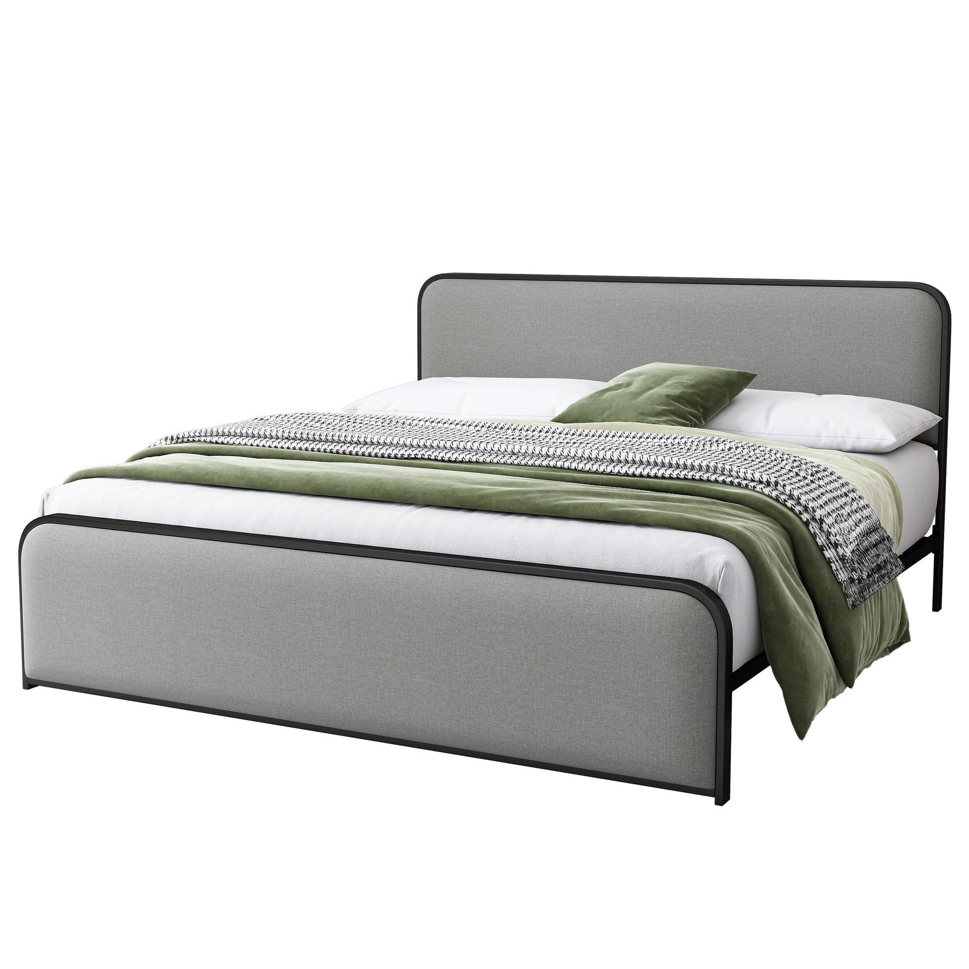 Modern Metal Bed Frame With Curved Upholstered Headboard And Footboard Bed With Under Bed Storage, Heavy Duty Metal Slats, King Size, Grey Grey Metal Modern Metal