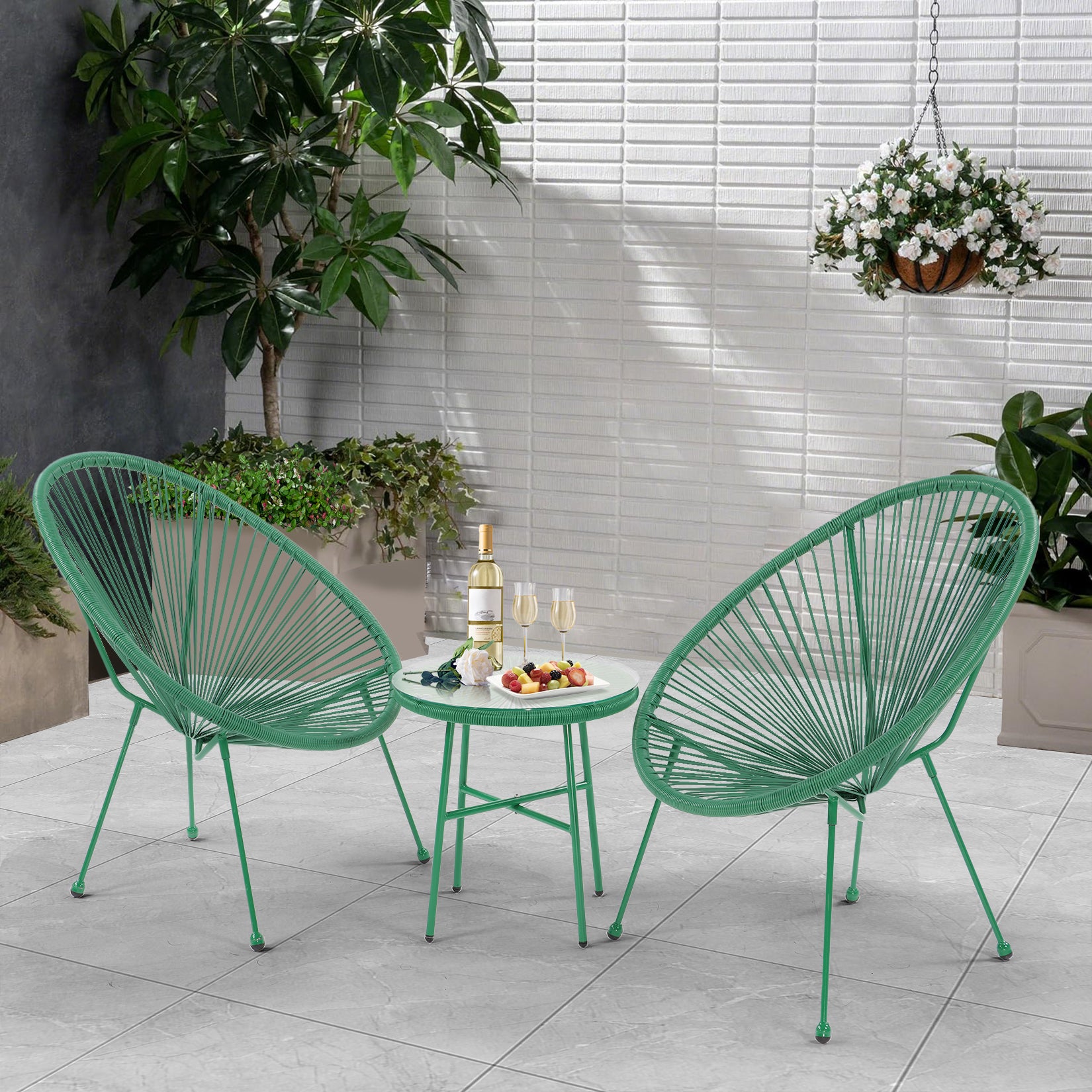 3 Piece Patio Bistro Conversation Set With Side Table, Acapulco All Weather Pe Rattan Chair Set,Flexible Rope Furniture Outdoor With Coffee Table,For Garden,Backyard,Balcony Or Poolside Green No Green Weather Resistant Frame Garden & Outdoor Rattan Metal