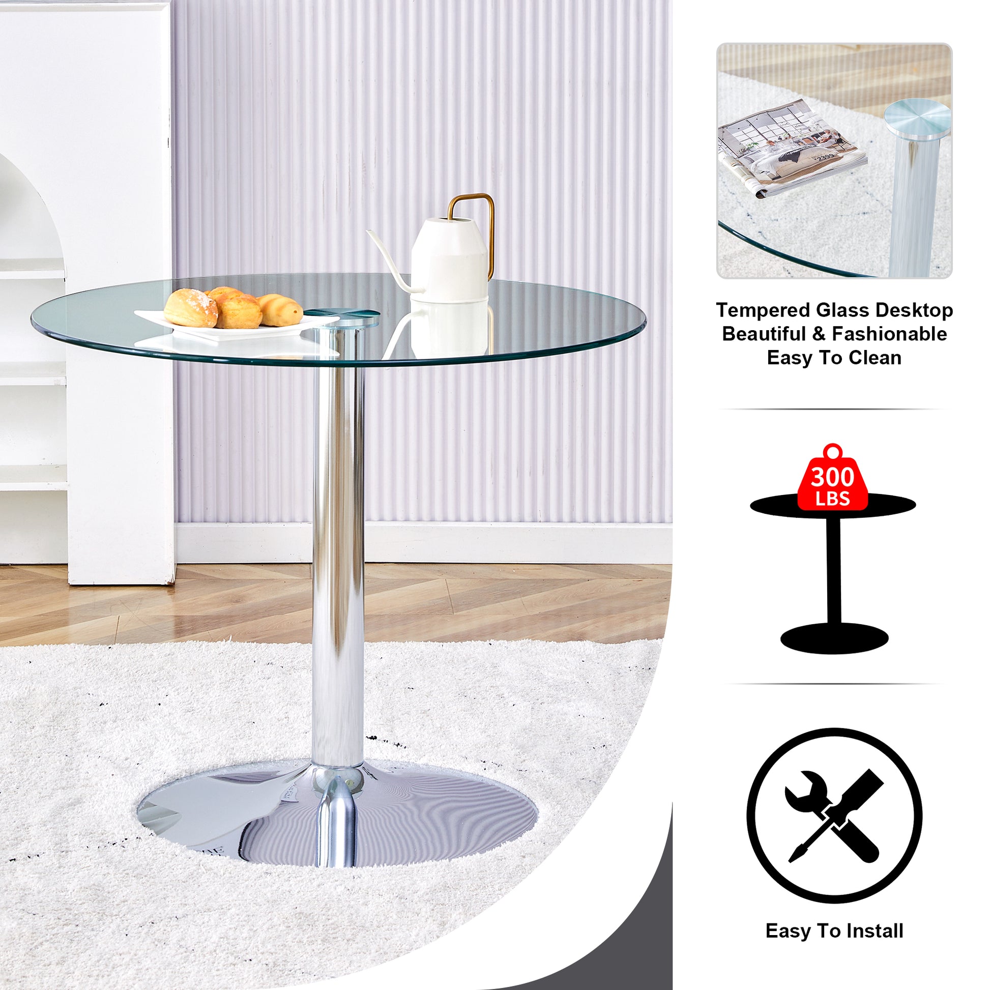 A Glass Tabletop With A Diameter Of 35 Inches And A Modern Minimalist Circular Dining Table With Electroplated Silver Metal Legs. Suitable For Restaurants, Living Rooms, And Conference Rooms.Dt 1166 Transparent Glass Metal