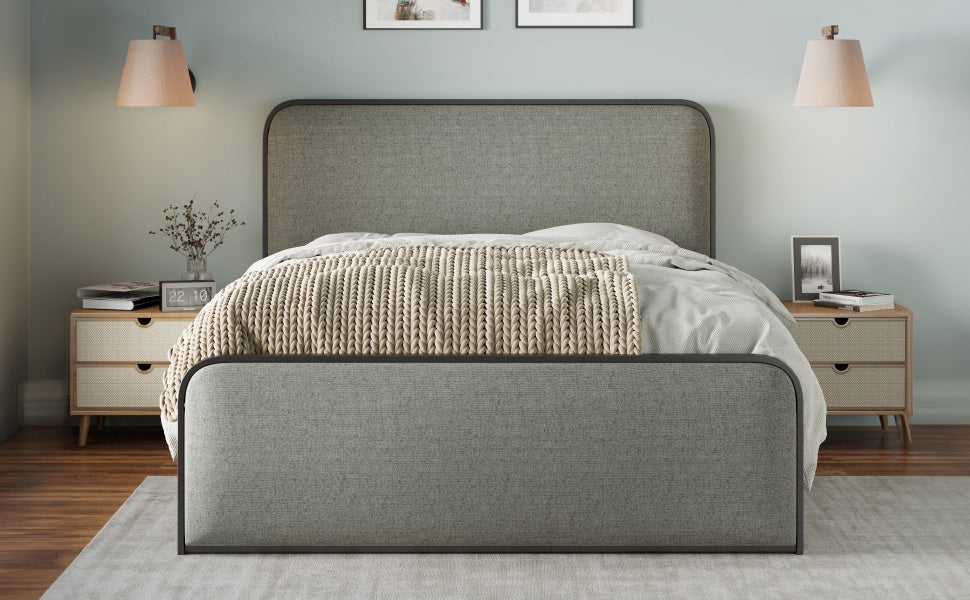 Modern Metal Bed Frame With Curved Upholstered Headboard And Footboard Bed With Under Bed Storage, Heavy Duty Metal Slats, King Size, Grey Grey Metal Modern Metal