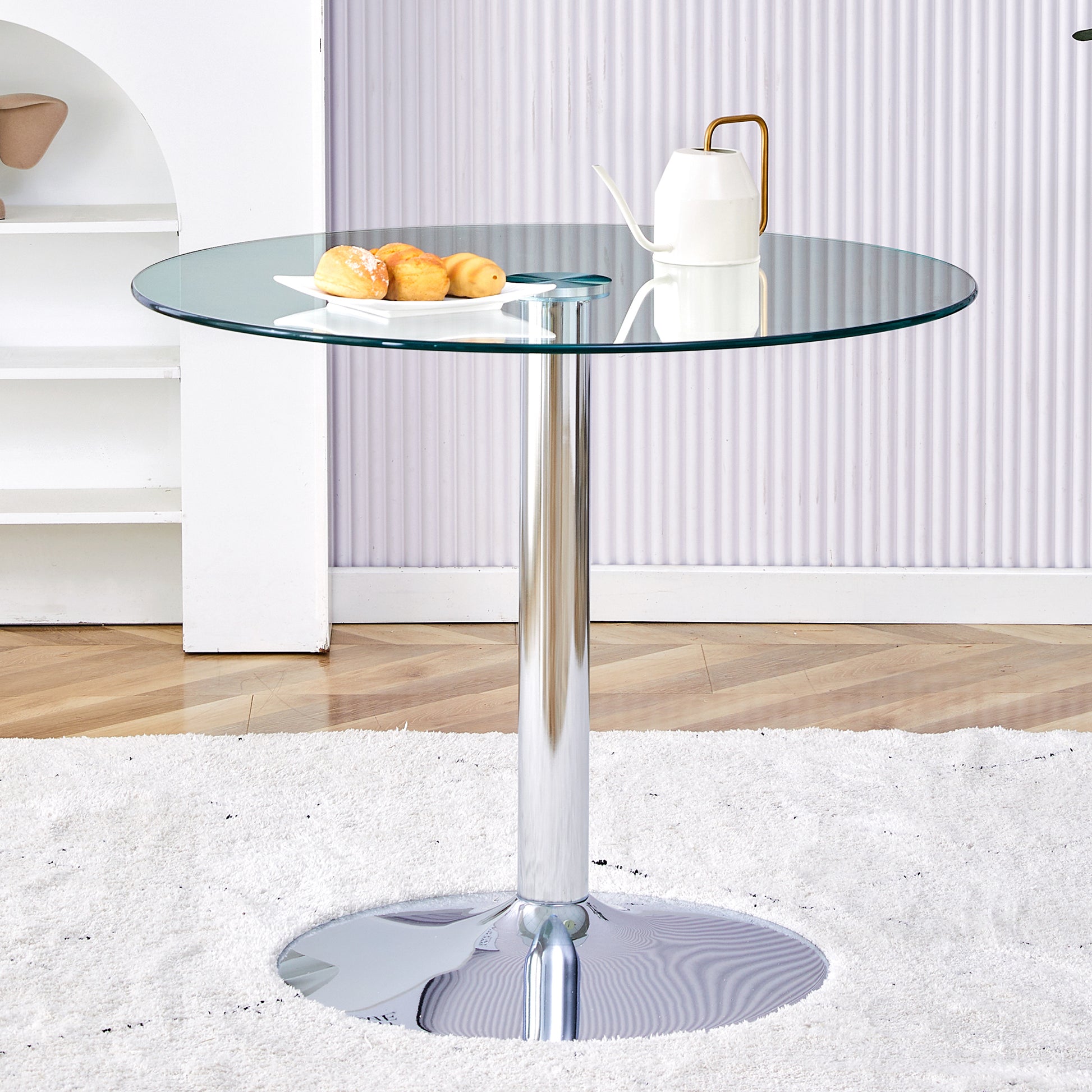 A Glass Tabletop With A Diameter Of 35 Inches And A Modern Minimalist Circular Dining Table With Electroplated Silver Metal Legs. Suitable For Restaurants, Living Rooms, And Conference Rooms.Dt 1166 Transparent Glass Metal