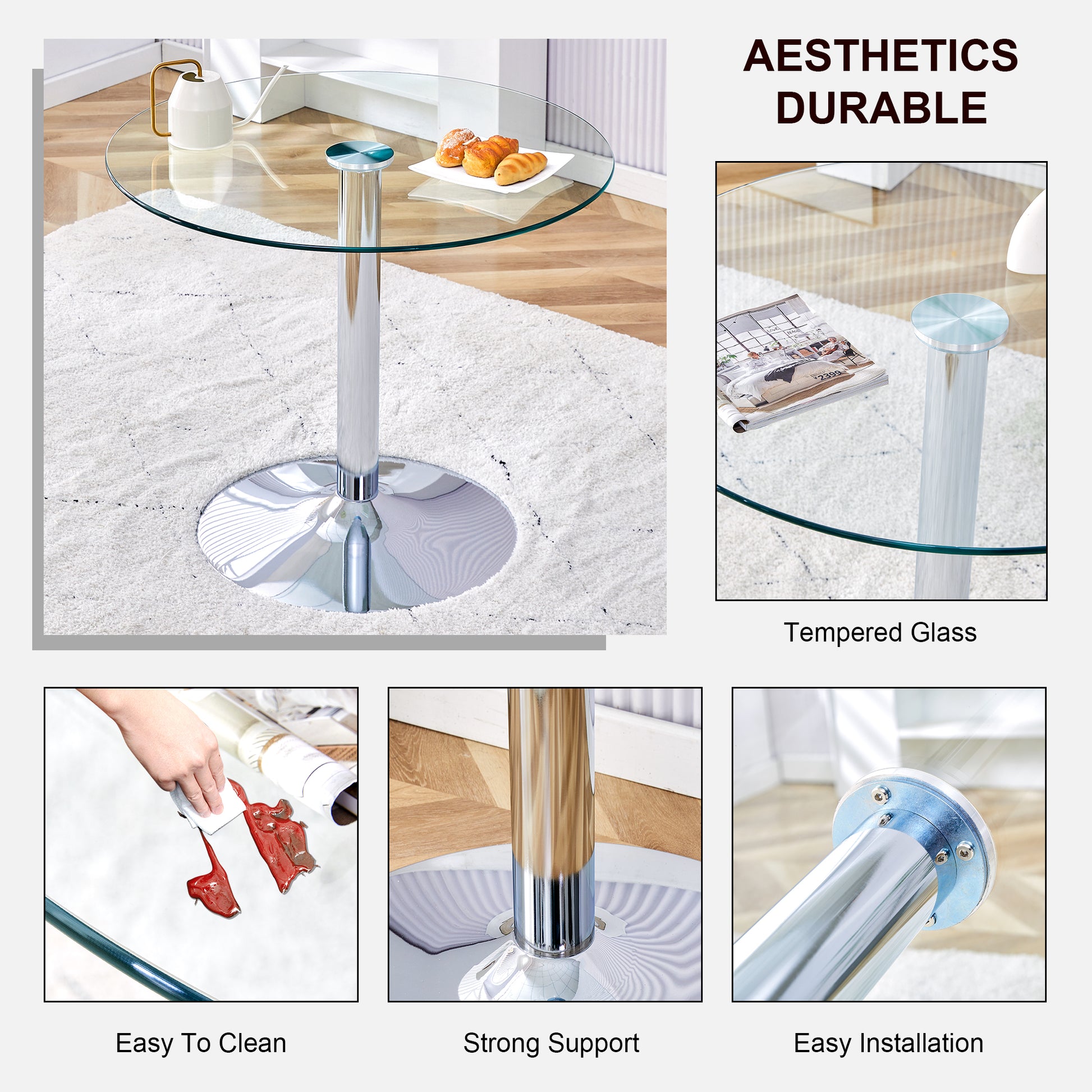 A Glass Tabletop With A Diameter Of 35 Inches And A Modern Minimalist Circular Dining Table With Electroplated Silver Metal Legs. Suitable For Restaurants, Living Rooms, And Conference Rooms.Dt 1166 Transparent Glass Metal