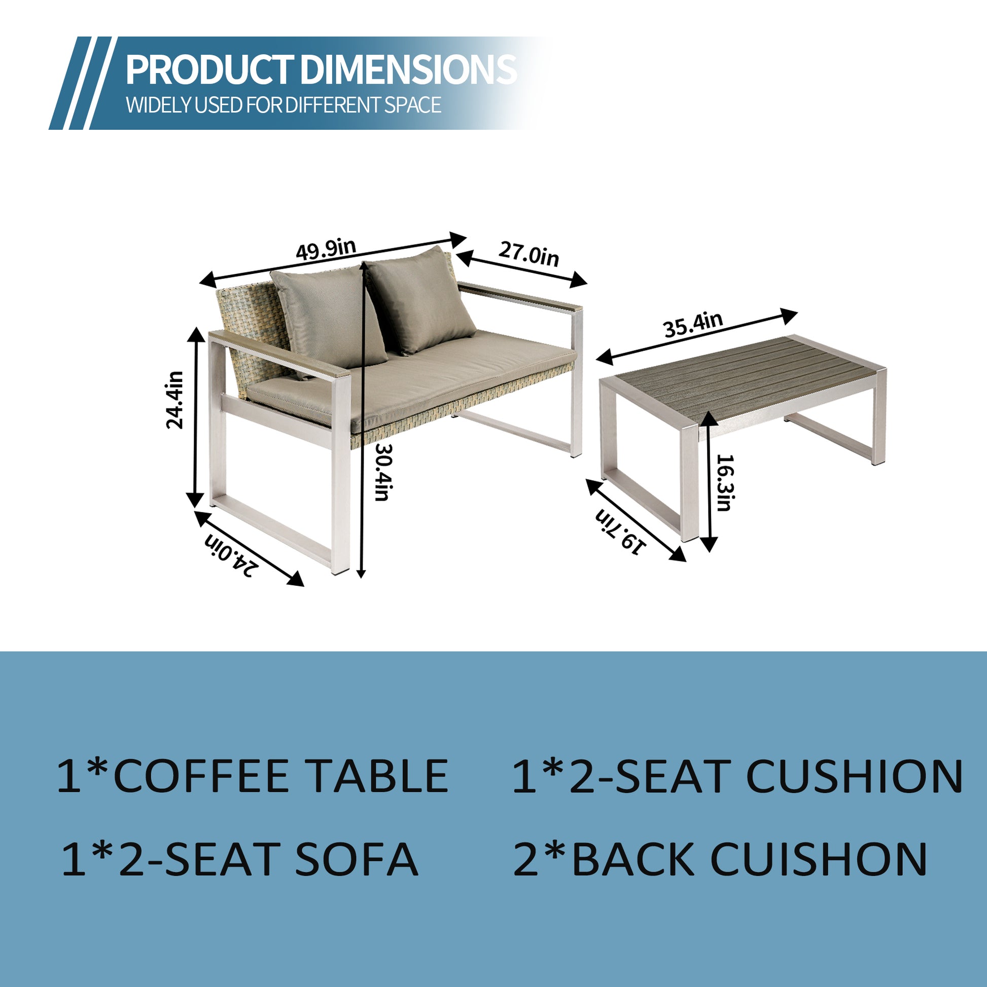 Full Aluminum Woven Rattan Double Sofa Coffee Table Yes Complete Patio Set Khaki Mildew Resistant Frame Fade Resistant Cushion Garden & Outdoor Modern Complete Patio Sets Aluminum Aluminum