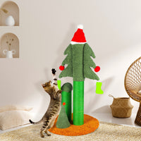 32'' Cat Scratching Post, Tall Christmas Tree Cat Scratcher With 3 Posts And Cute Dangling Teaser Balls, Natural Sisal Rope Cat Toys For Kitty And Adult Cats Green Cat Paper