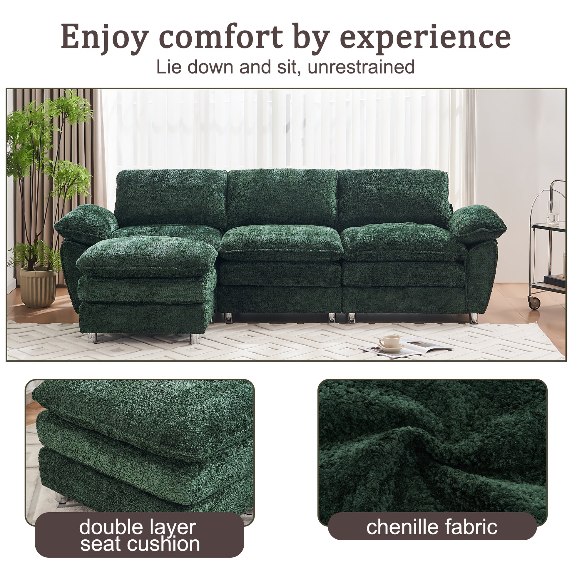 Modern Deep 3 Seat Sofa Couch With Ottoman, Polyester Sofa Sleeper Comfy Upholstered Furniture For Living Room, Apartment, Studio, Office, Green Green Polyester 3 Seat