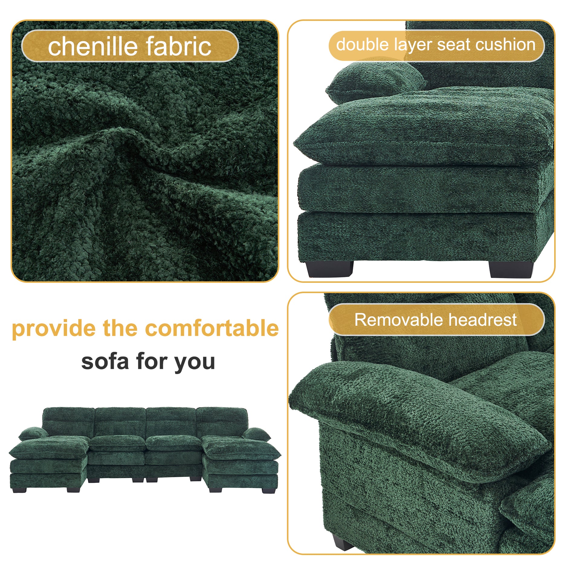 U Shaped Profile Sofa, Including Two Single Seats And Two Chaise, Modular Sofa, Chenille Sofa,Green Green Foam Polyester 4 Seat