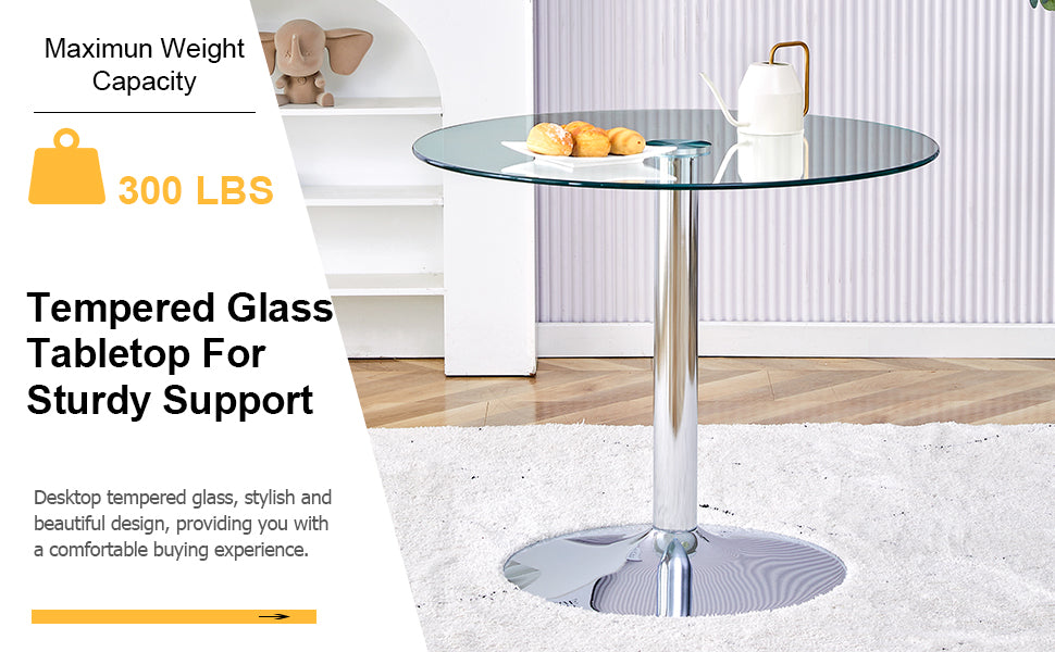 A Glass Tabletop With A Diameter Of 35 Inches And A Modern Minimalist Circular Dining Table With Electroplated Silver Metal Legs. Suitable For Restaurants, Living Rooms, And Conference Rooms.Dt 1166 Transparent Glass Metal