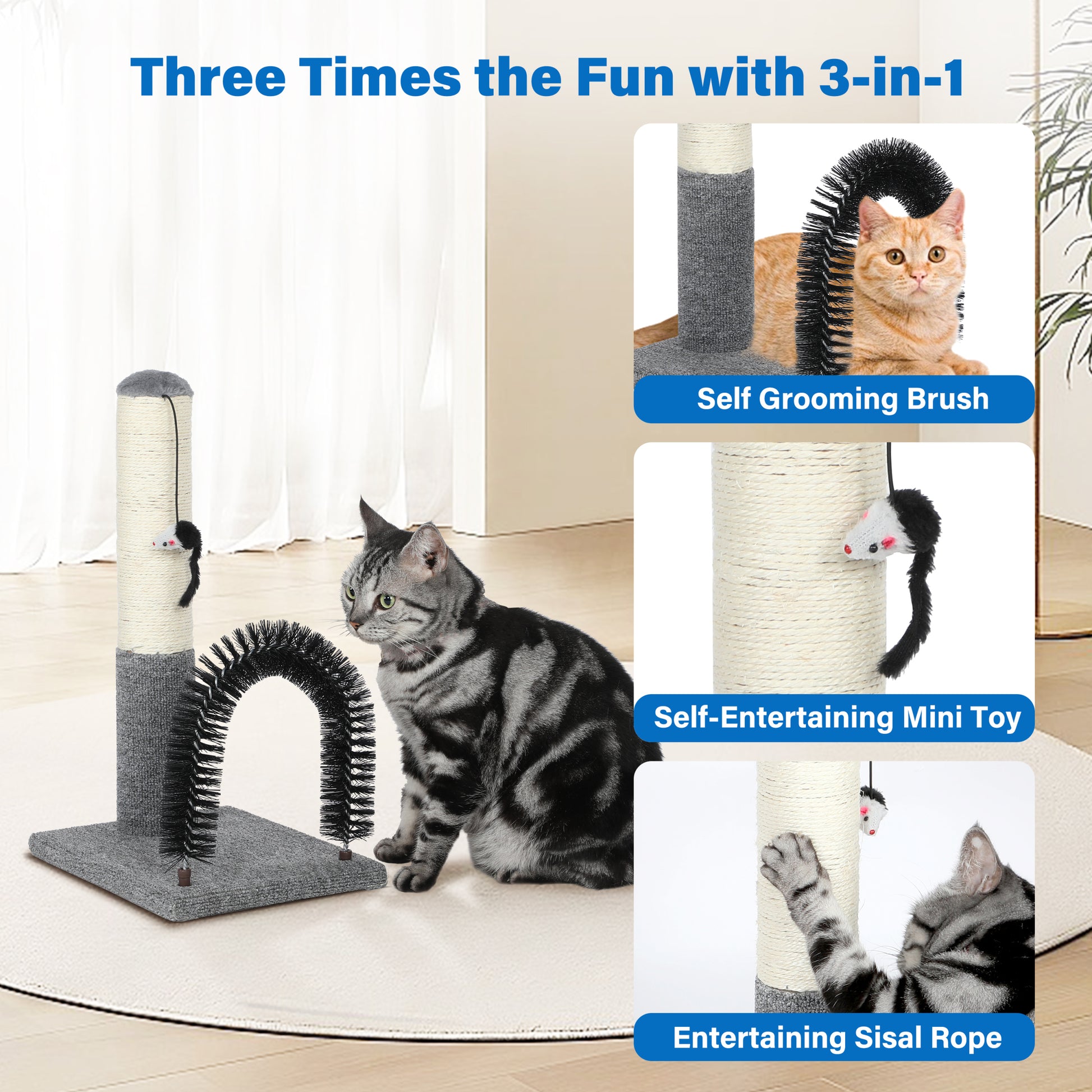 18 Inch Cat Scratching Post Pad With Cat Self Groomer,Cat Scratcher With Cat Brush,Kitten Scratch Post With Activity Dangling Ball,Indoor Cat Scratch Board For Kittens Kitty Cats,Protect Furniture Gray Cat Paper