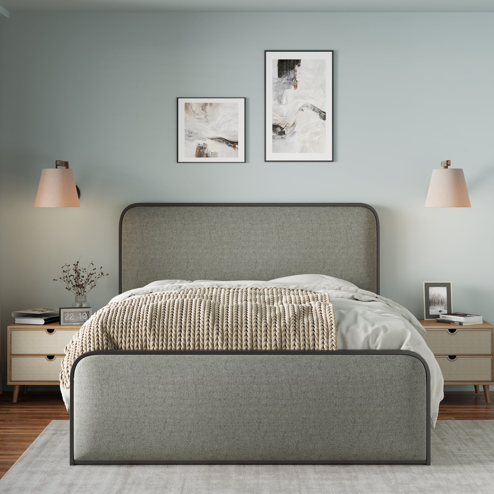 Modern Metal Bed Frame With Curved Upholstered Headboard And Footboard Bed With Under Bed Storage, Heavy Duty Metal Slats, King Size, Grey Grey Metal Modern Metal