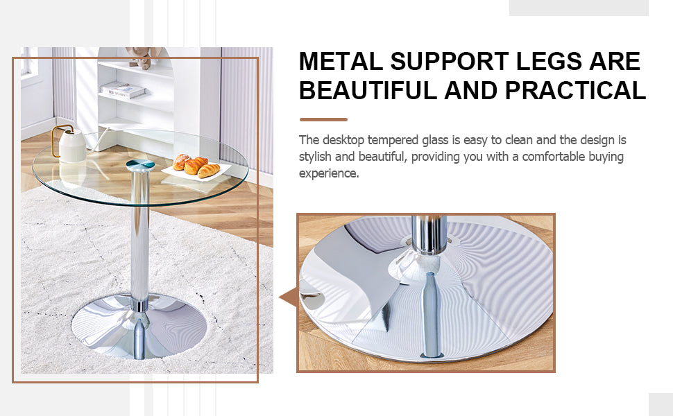 A Glass Tabletop With A Diameter Of 35 Inches And A Modern Minimalist Circular Dining Table With Electroplated Silver Metal Legs. Suitable For Restaurants, Living Rooms, And Conference Rooms.Dt 1166 Transparent Glass Metal