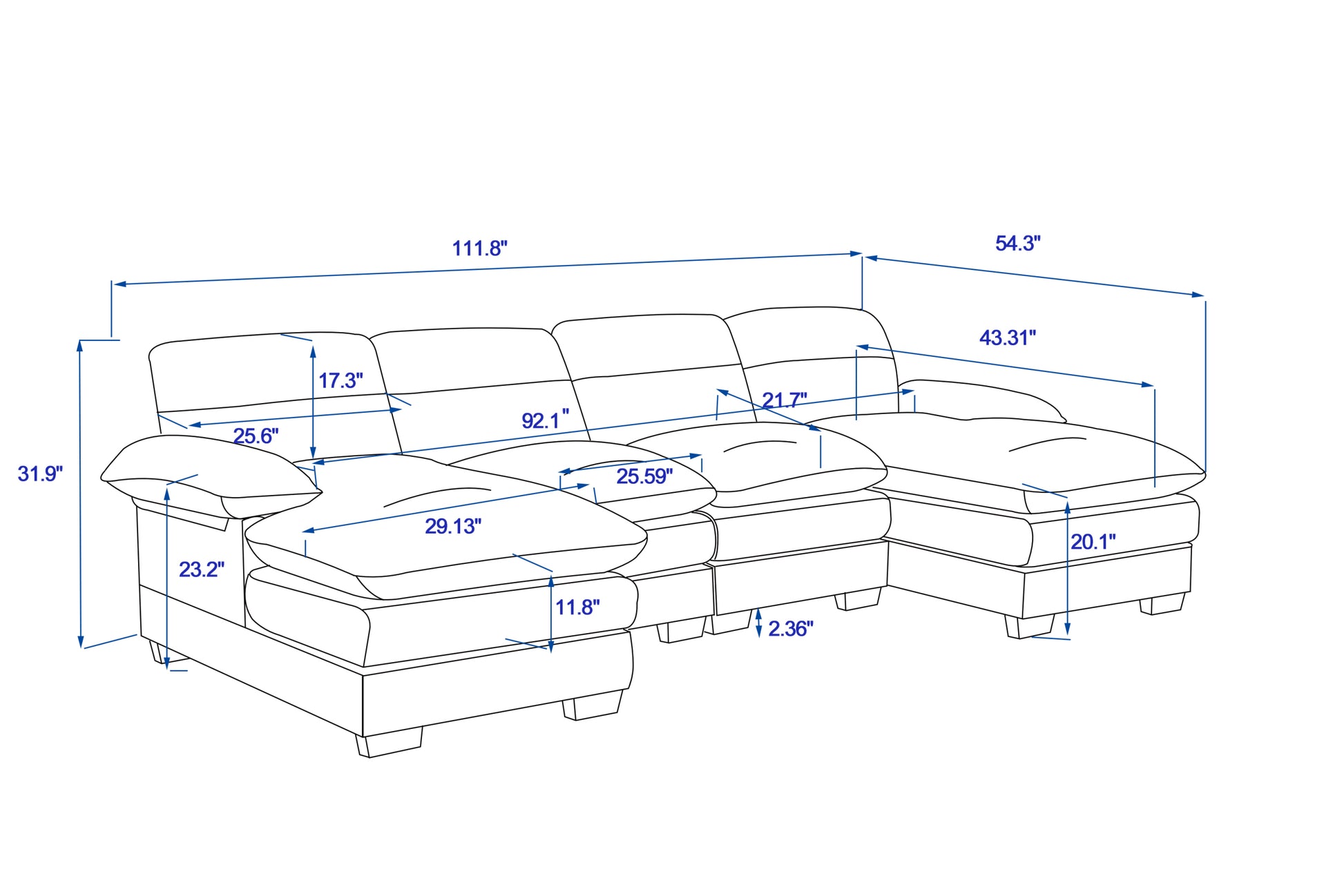 U Shaped Profile Sofa, Including Two Single Seats And Two Chaise, Modular Sofa, Chenille Sofa,Grey Grey Foam Polyester 4 Seat