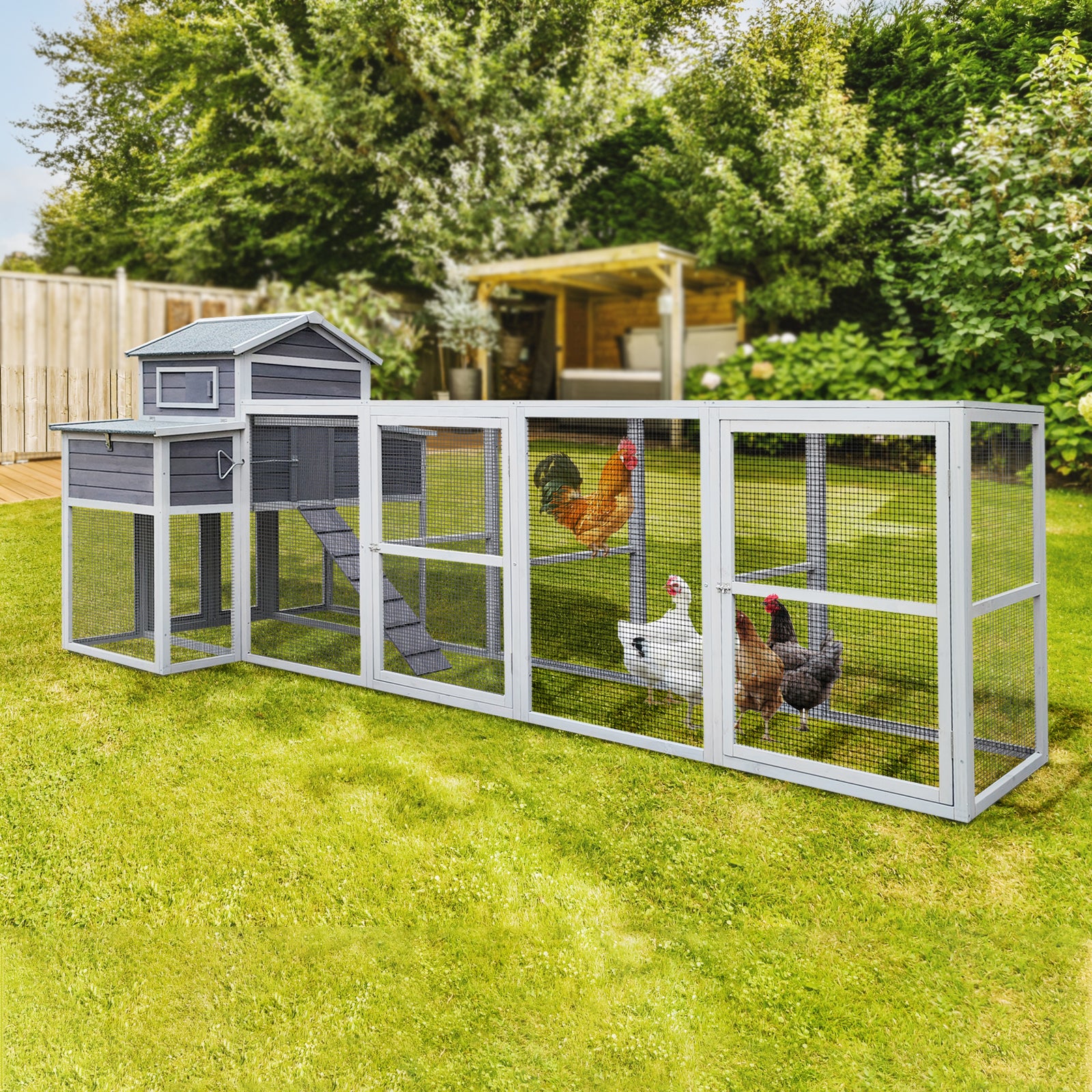 150 Chicken Coop Extra Large Chicken House, Wooden Hen House Black Rust Proof Metal Wire Poultry Cage With Two Nesting Boxes, 5 Perches Gray Wood