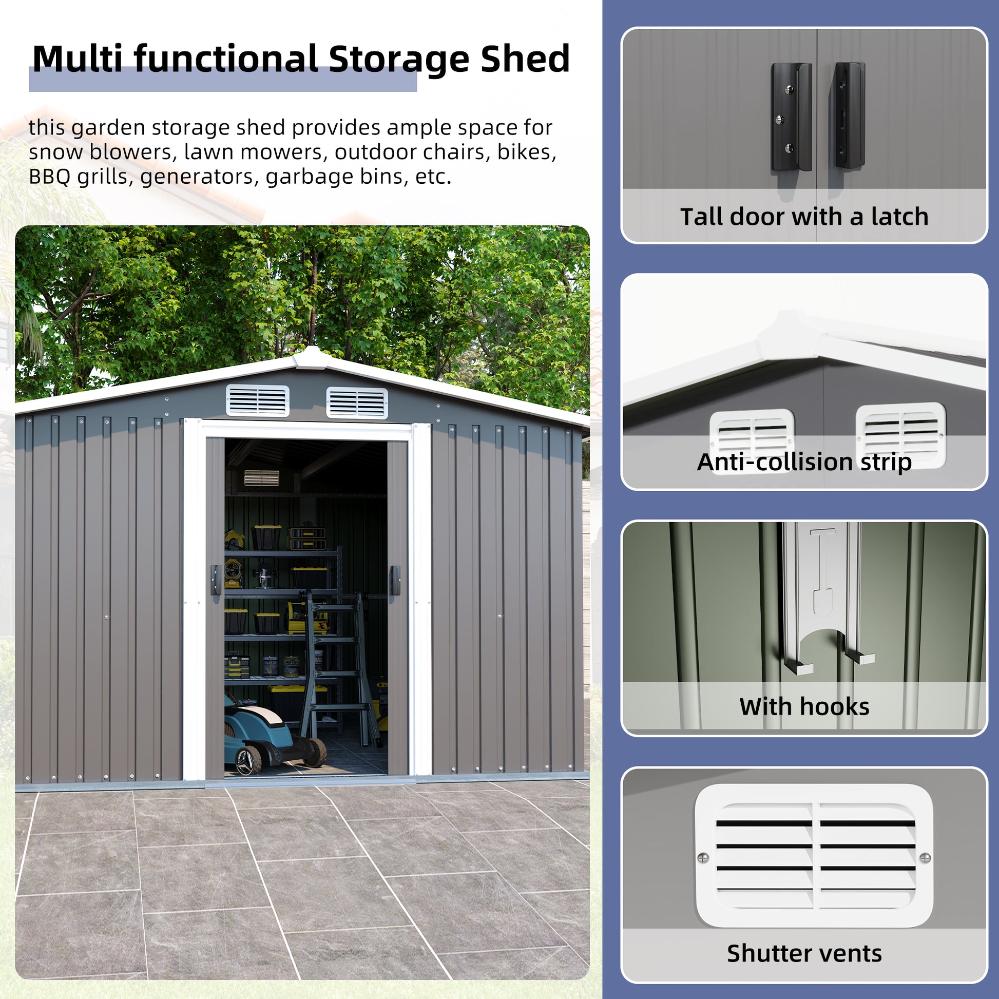 Patio, Lawn & Garden,Metal Outdoor Storage Shed 10Ft X 8Ft, Clearance With Lockable Door Metal Garden Shed Steel Anti Corrosion Storage House Waterproof Tool Shed For Backyard Patio, Lawn And Garden Grey Year Round Use Metal