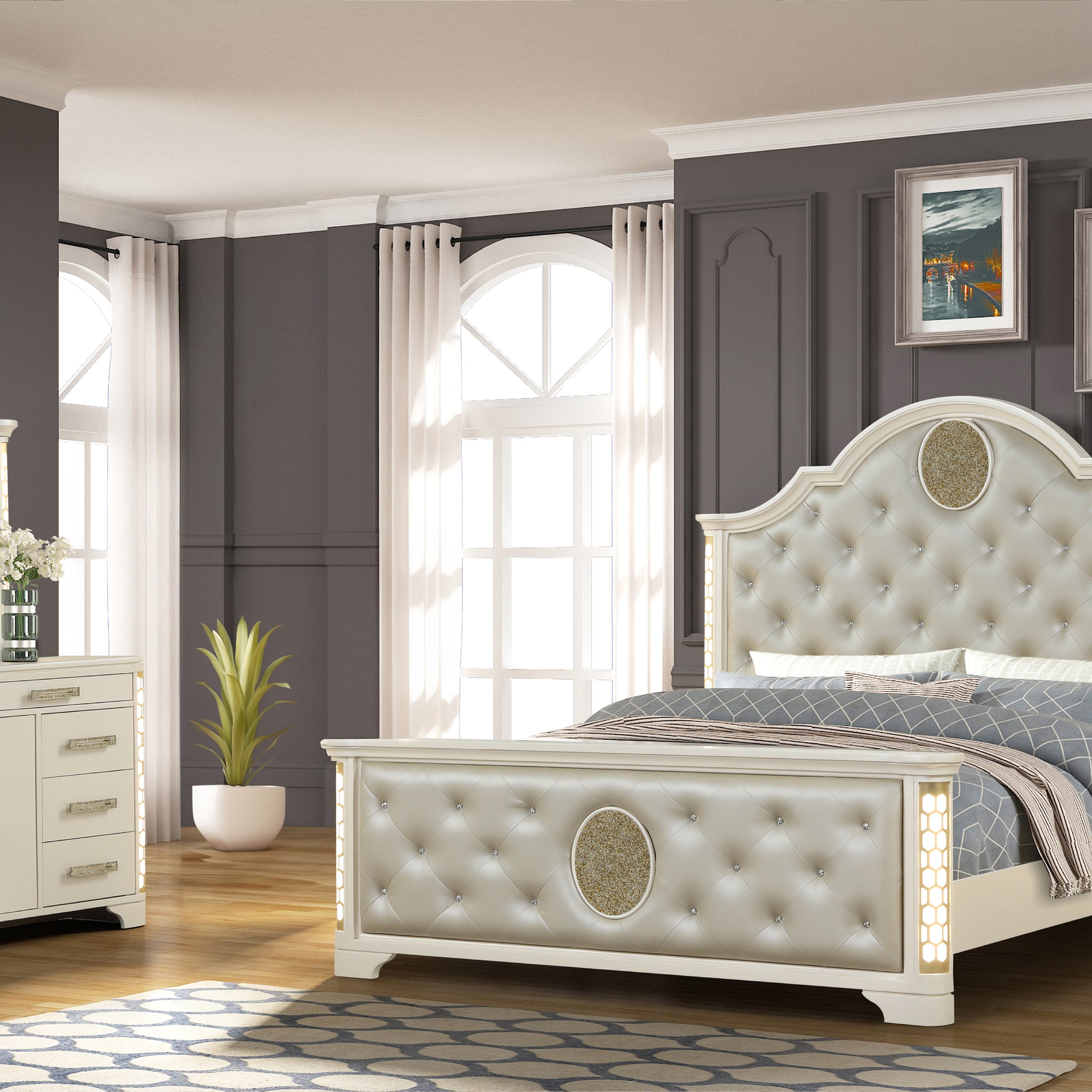 Queen 4 Pc Unique Led Bedroom Set Made With Wood In Beige Box Spring Required Queen Beige Wood 4 Piece Set Bedroom Bed Included,Dresser Included,Mirror Included,Nightstand Included