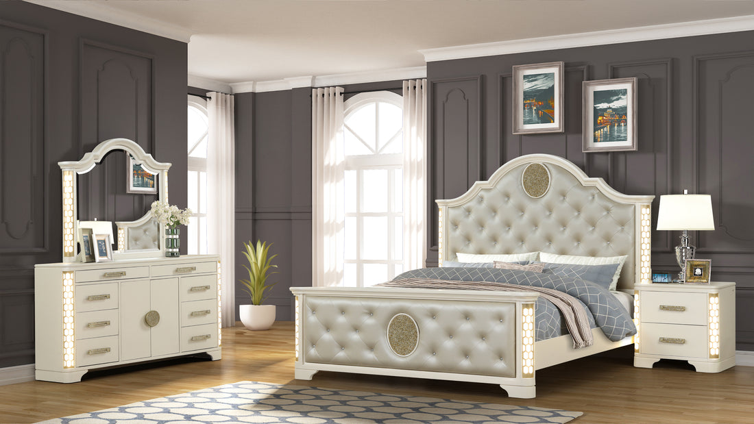 Queen 4 Pc Unique Led Bedroom Set Made With Wood In Beige Box Spring Required Queen Beige Wood 4 Piece Set Bedroom Bed Included,Dresser Included,Mirror Included,Nightstand Included