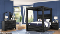 Monica Luxurious Four Poster King 4 Pc Bedroom Set Made With Wood In Black Box Spring Not Required King Black Wood 4 Piece Set Bedroom Modern Upholstered Velvet Tufted Wood