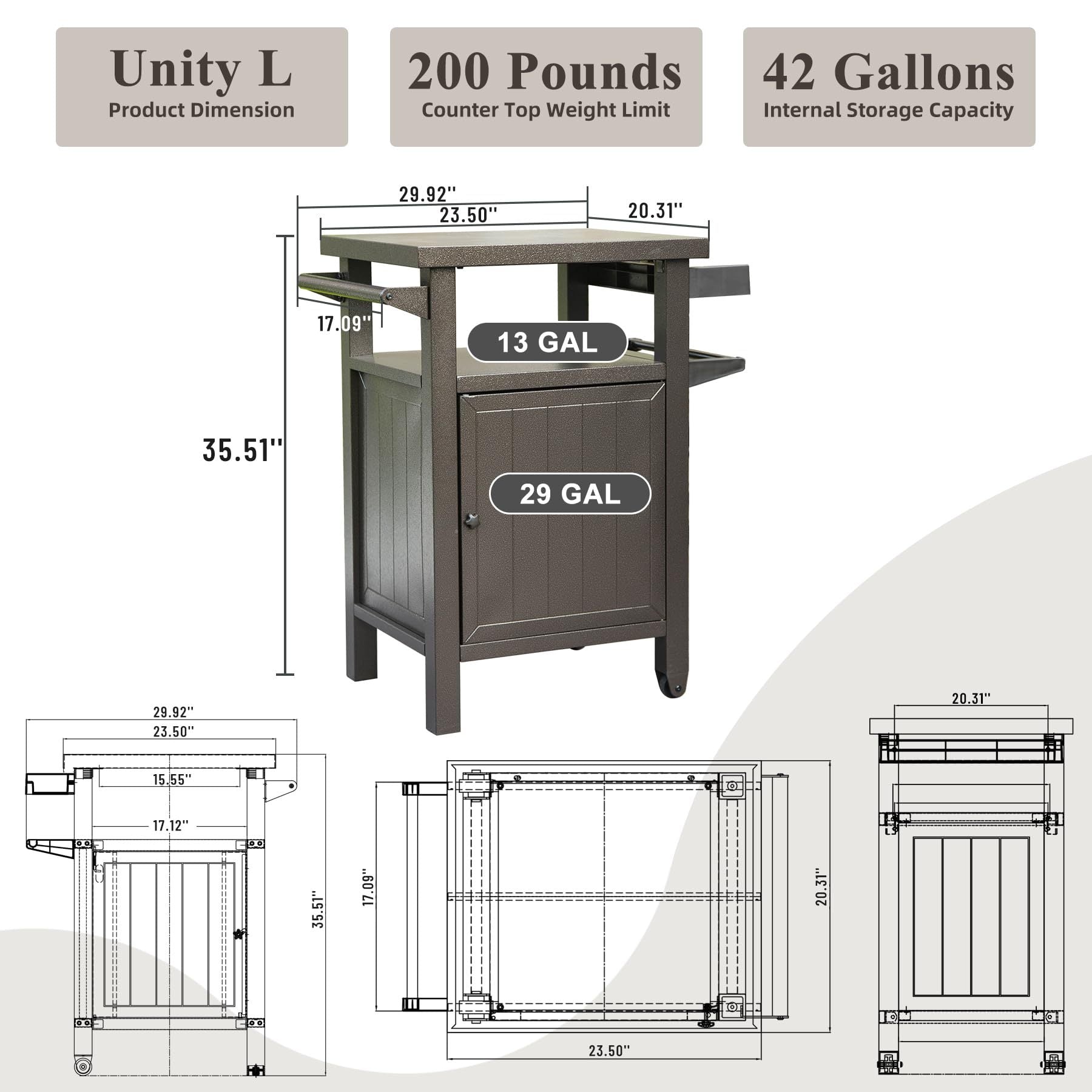 Grill Carts Outdoor With Storage And Wheels, Whole Metal Portable Table And Storage Cabinet For Bbq, Deck, Patio, Backyard Brown Brown Metal
