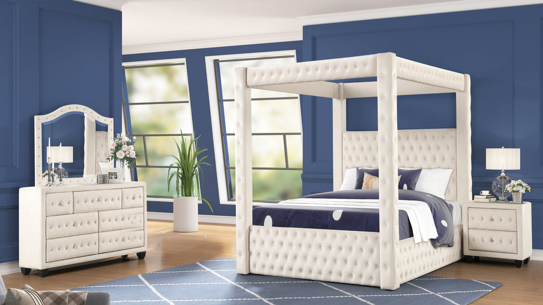 Luxurious Four Poster King 4 Pc Bedroom Set Made With Wood In Cream Box Spring Not Required King Cream Wood 4 Piece Set Bedroom Bed Included,Dresser Included,Mirror Included,Nightstand Included