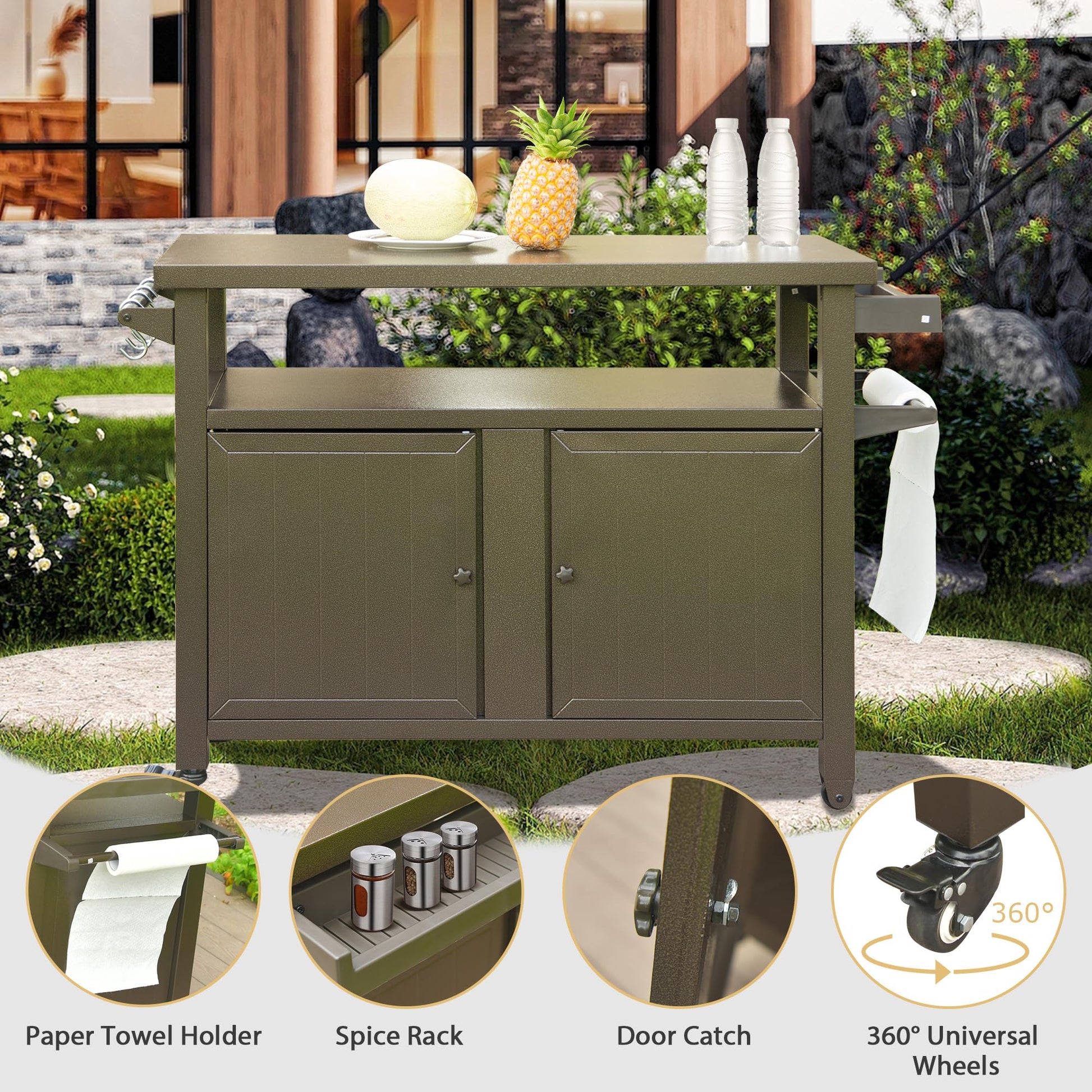 Grill Carts Outdoor Storage Cabinet With Wheels, Metal Outdoor Grill Table Kitchen Dining Table Cooking Prep Bbq Table For Patio, Kitchen Island, Home Party, Bar Brown Brown Aluminum