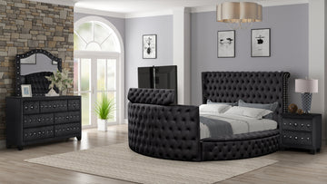 Maya Modern Style Crystal Tufted Queen 4Pc Bed Room Set Made With Wood In Black Box Spring Not Required Queen Black Wood 4 Piece Set Bedroom Bed Included,Dresser Included,Mirror Included,Nightstand Included Modern Upholstered Velvet Wood