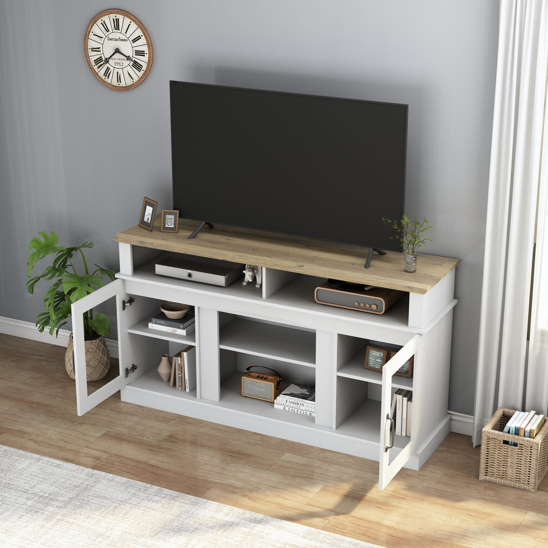 58 Inch Tv Stand With Storage Cabinet And Shelves, Tv Console Table Entertainment Center For Living Room,Bedroom White 50 59 Inches Particle Board