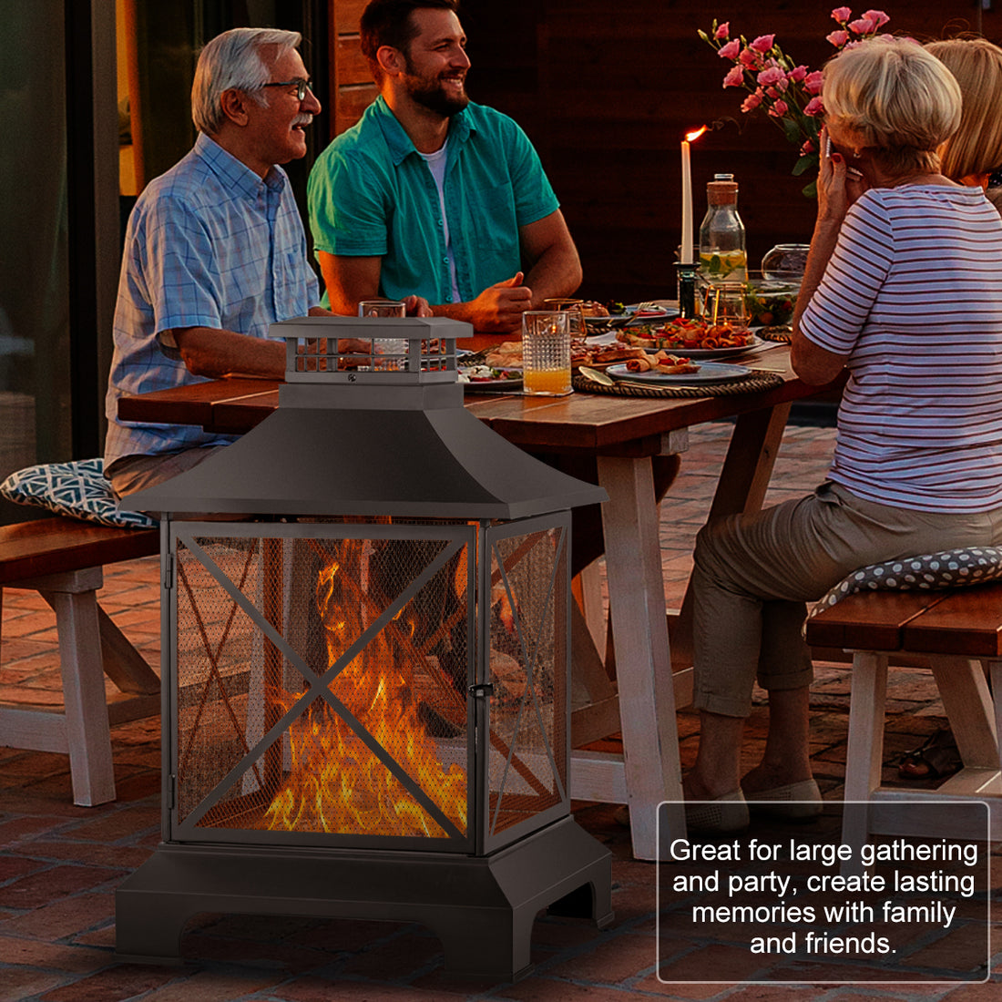 24" Pagoda Style Steel Wood Burning Fire Pit With Log Grate And Poker Black High Temperature Paint Finish Black Steel