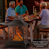 24" Pagoda Style Steel Wood Burning Fire Pit With Log Grate And Poker Black High Temperature Paint Finish Black Steel