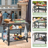 3 Shelf Outdoor Grill Table, Grill Cart Outdoor With Wheels, Pizza Oven Table And Food Prep Table, Blackstone Table With Propane Tank Hook, Grill Stand For Blackstone Griddle For Outside Bbq Grey Steel