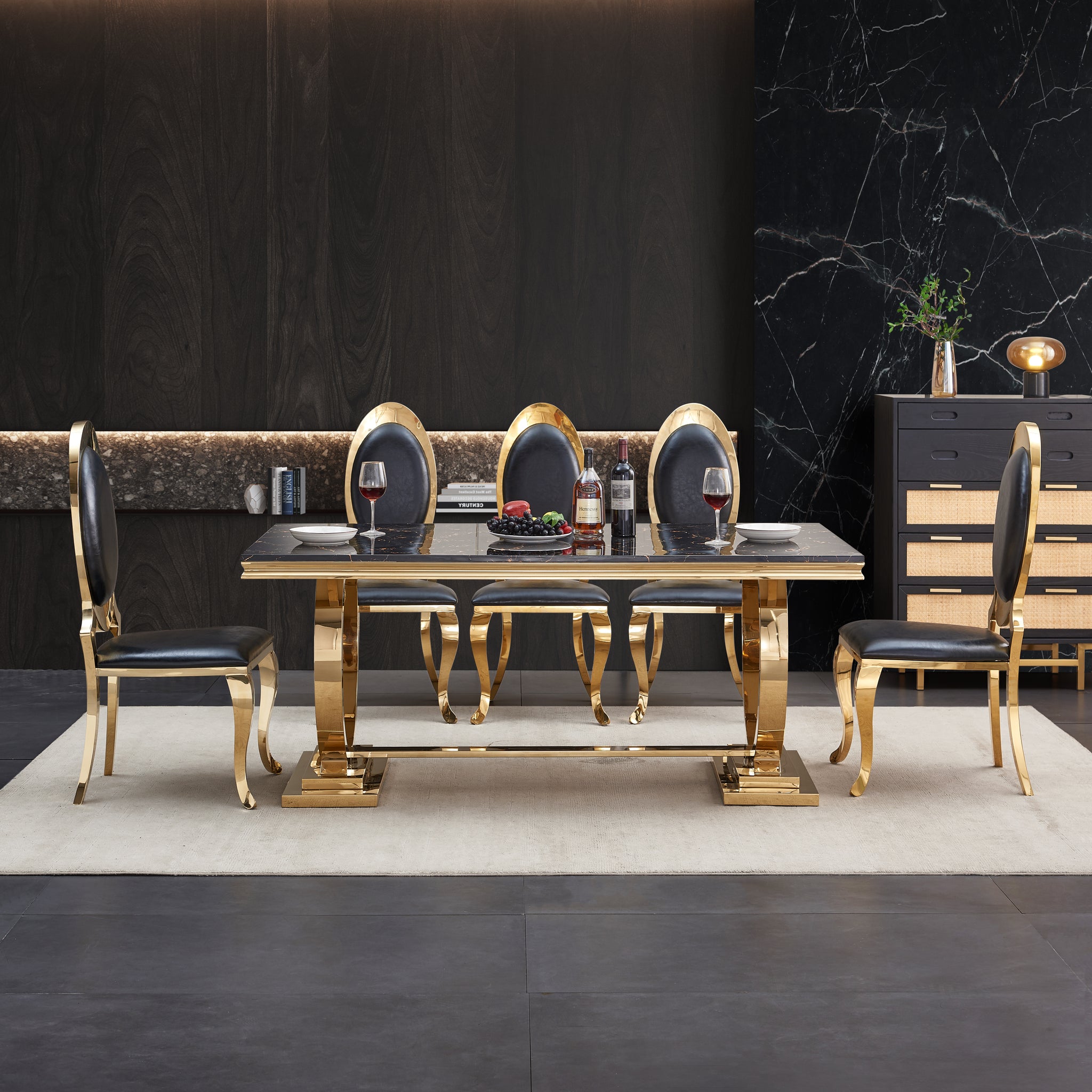 Modern Rectangular Black Marble Printing Dining Table, Double U Shape Stainless Steel Base With Gold Mirrored Finish Black Mdf