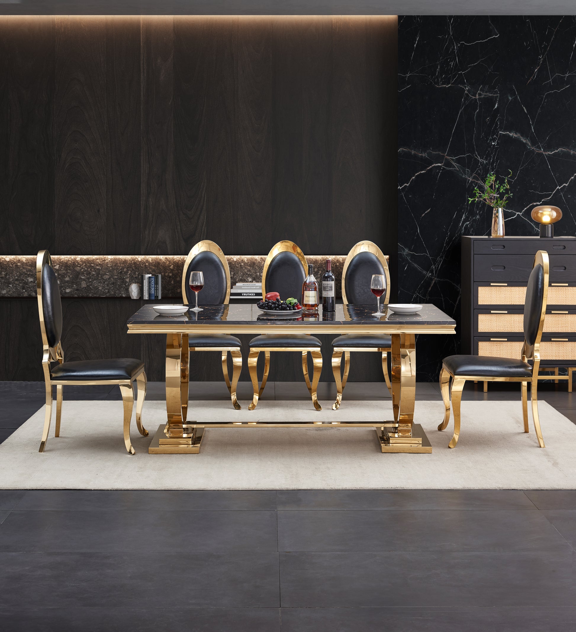 Modern Rectangular Black Marble Printing Dining Table, Double U Shape Stainless Steel Base With Gold Mirrored Finish Black Mdf