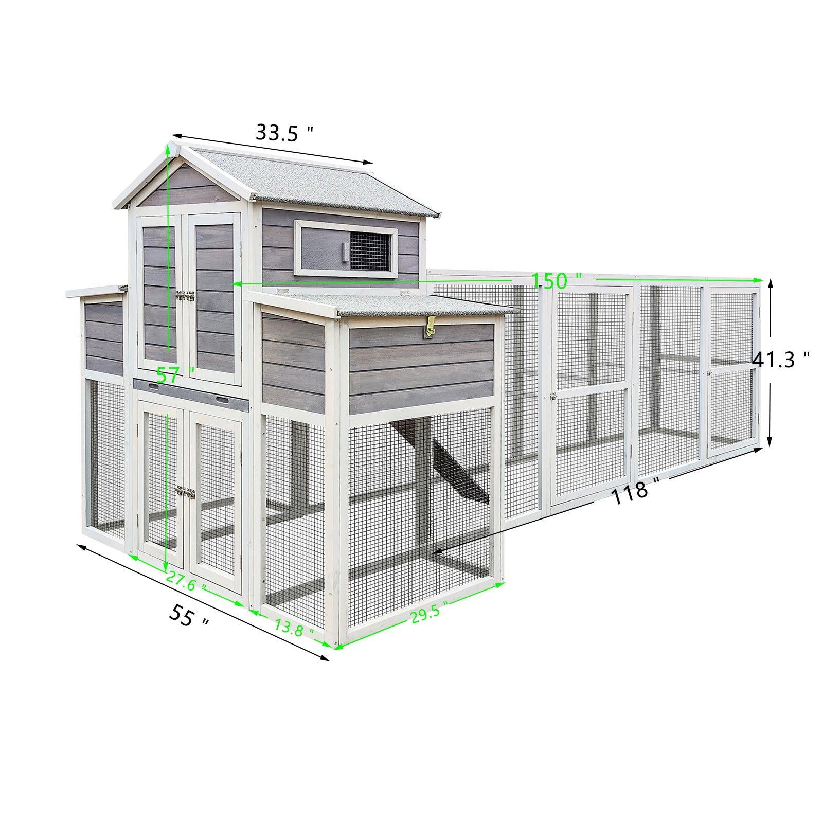 150 Chicken Coop Extra Large Chicken House, Wooden Hen House Black Rust Proof Metal Wire Poultry Cage With Two Nesting Boxes, 5 Perches Gray Wood