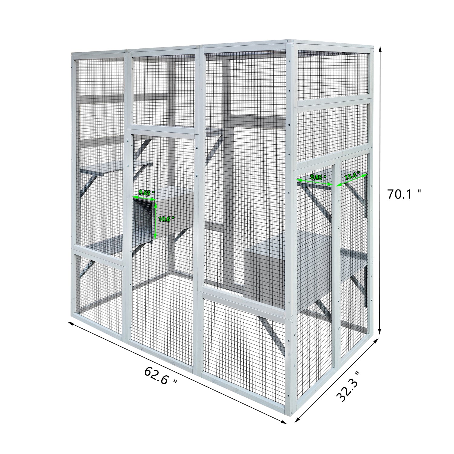 62.6" Wooden Cat House Large Catio, Solid Wood Cat Cage Shelter Enclosure Playpen With Anti Uv& Waterproof, 7 Platforms And 2 Resting Boxes Gray Wood