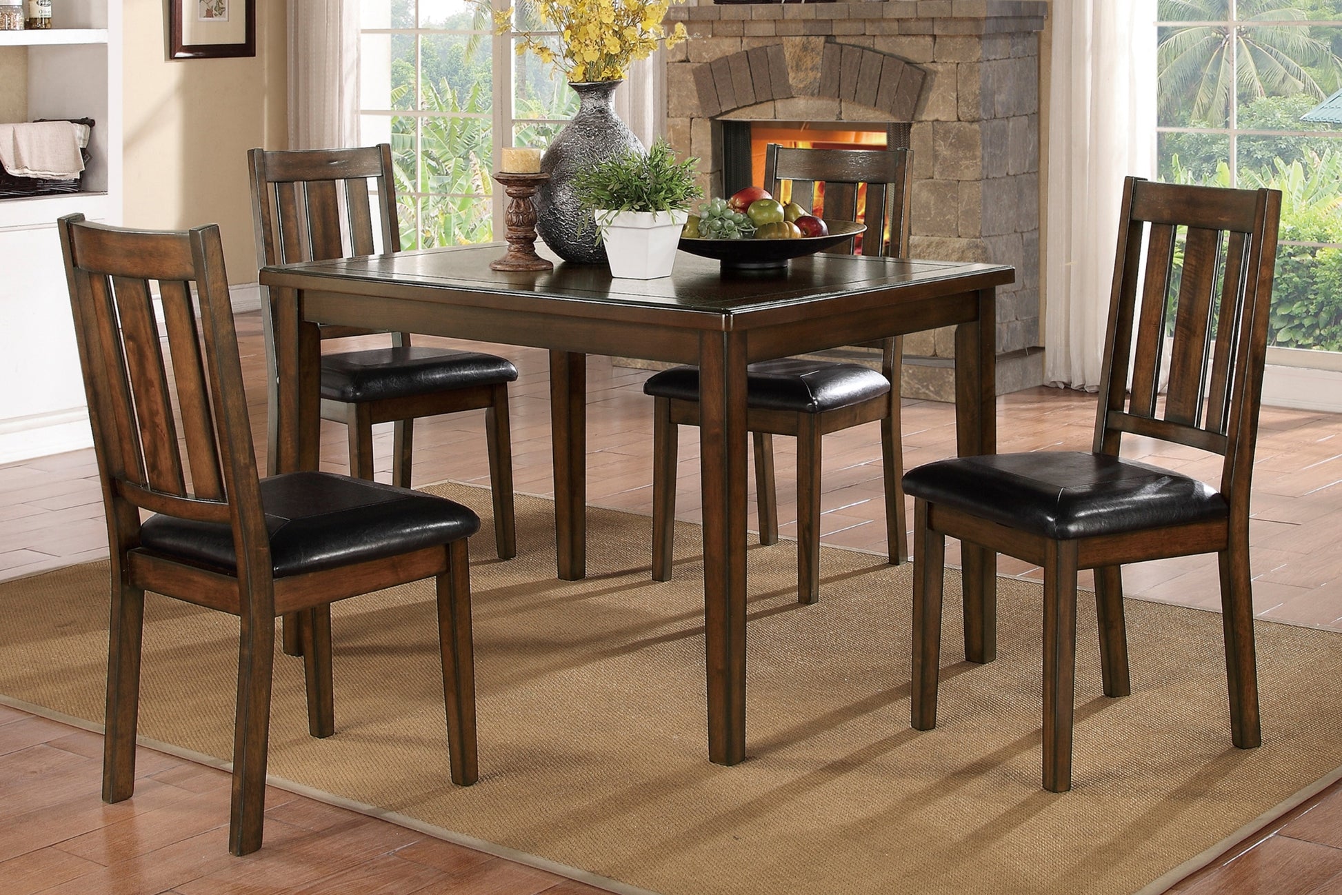 Dark Brown Cherry Finish 5Pc Dining Set Table With 4 Chairs Black Faux Leather Upholstery Wooden Kitchen Funiture Dinette Set Wood Brown Mix Seats 4 Wood Dining Room 48 Inches Rectangular Dining Table With Chair Wood