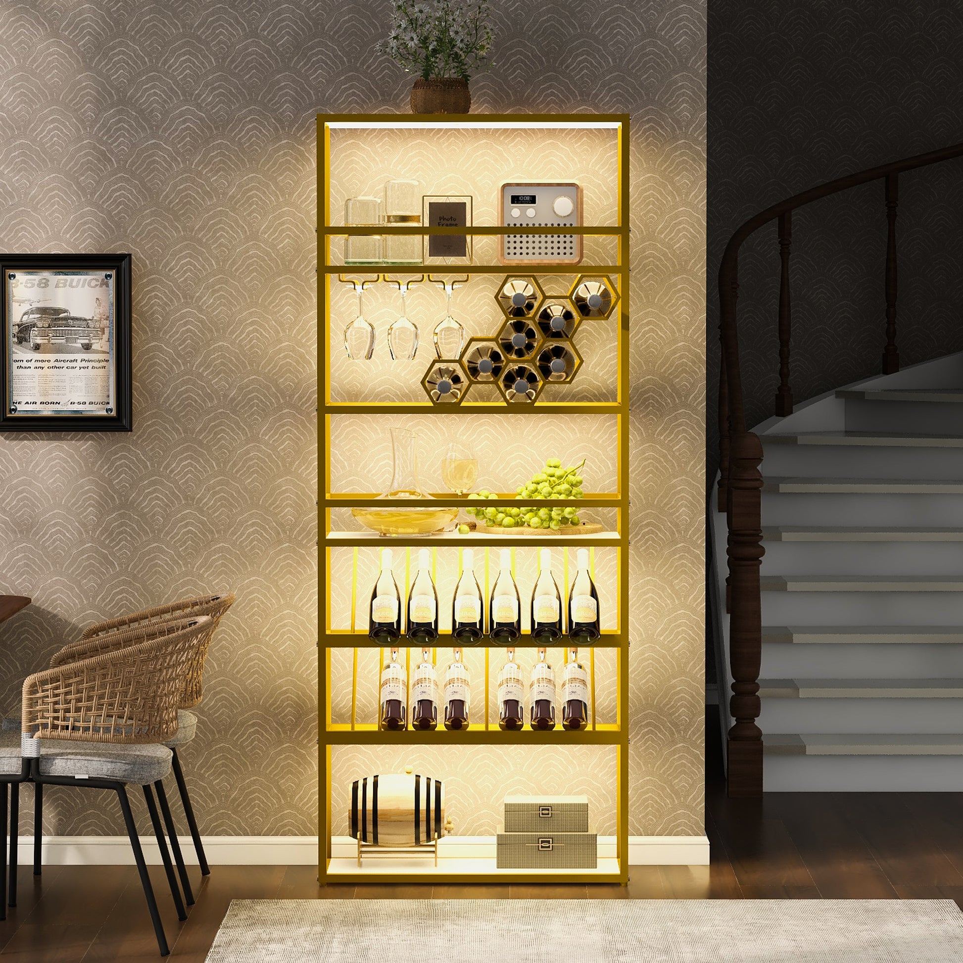 Led Tall Led Tall Wine Rack Freestanding Floor, 7 Tier Wine Baker Rack With Glass Holder & Wine Storage, Industrial Wine Display Shelf Wine Bar Cabinet For Bar, Kitchen, Dining Room White Gold Dining Room Industrial Mdf Metal