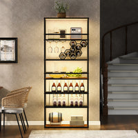 Led Tall Wine Rack Freestanding Floor, 7 Tier Wine Baker Rack With Glass Holder & Wine Storage, Industrial Wine Display Shelf Wine Bar Cabinet For Bar, Kitchen, Dining Room Walnut Black Dining Room Industrial Mdf Metal