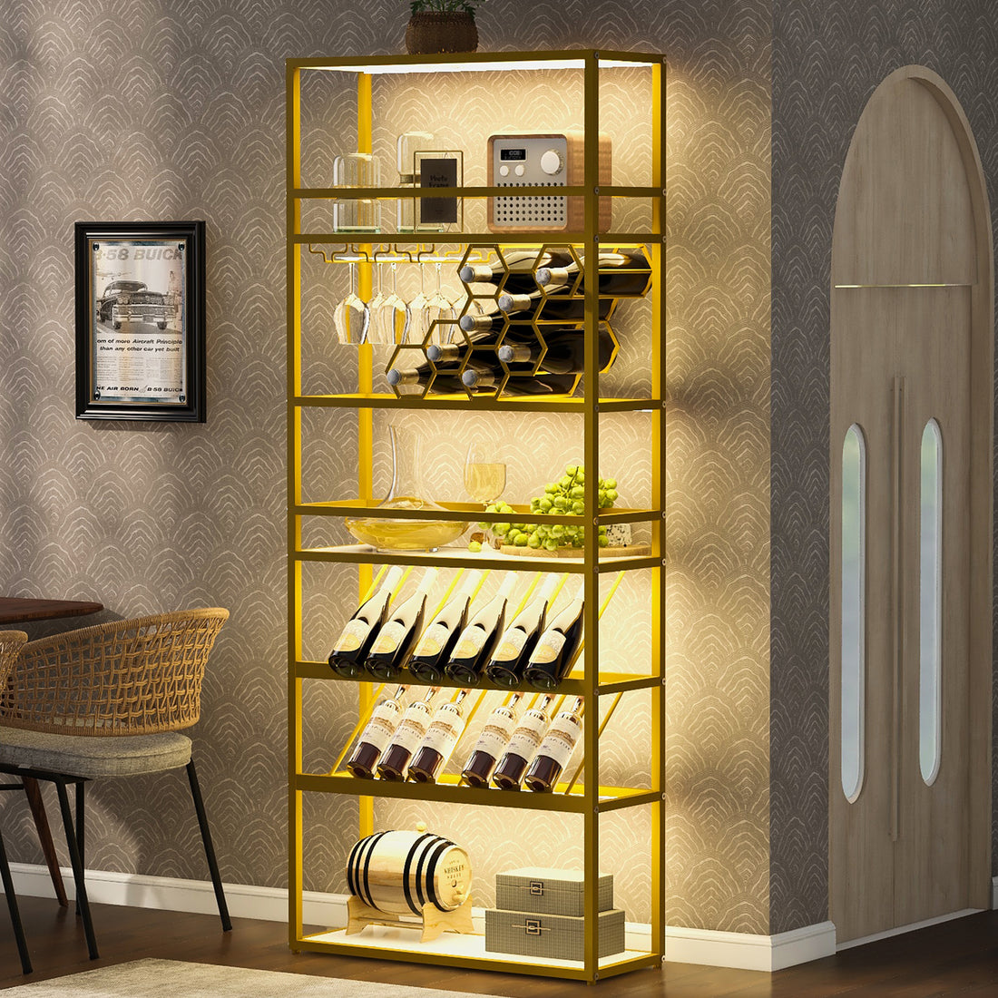 Led Tall Led Tall Wine Rack Freestanding Floor, 7 Tier Wine Baker Rack With Glass Holder & Wine Storage, Industrial Wine Display Shelf Wine Bar Cabinet For Bar, Kitchen, Dining Room White Gold Dining Room Industrial Mdf Metal