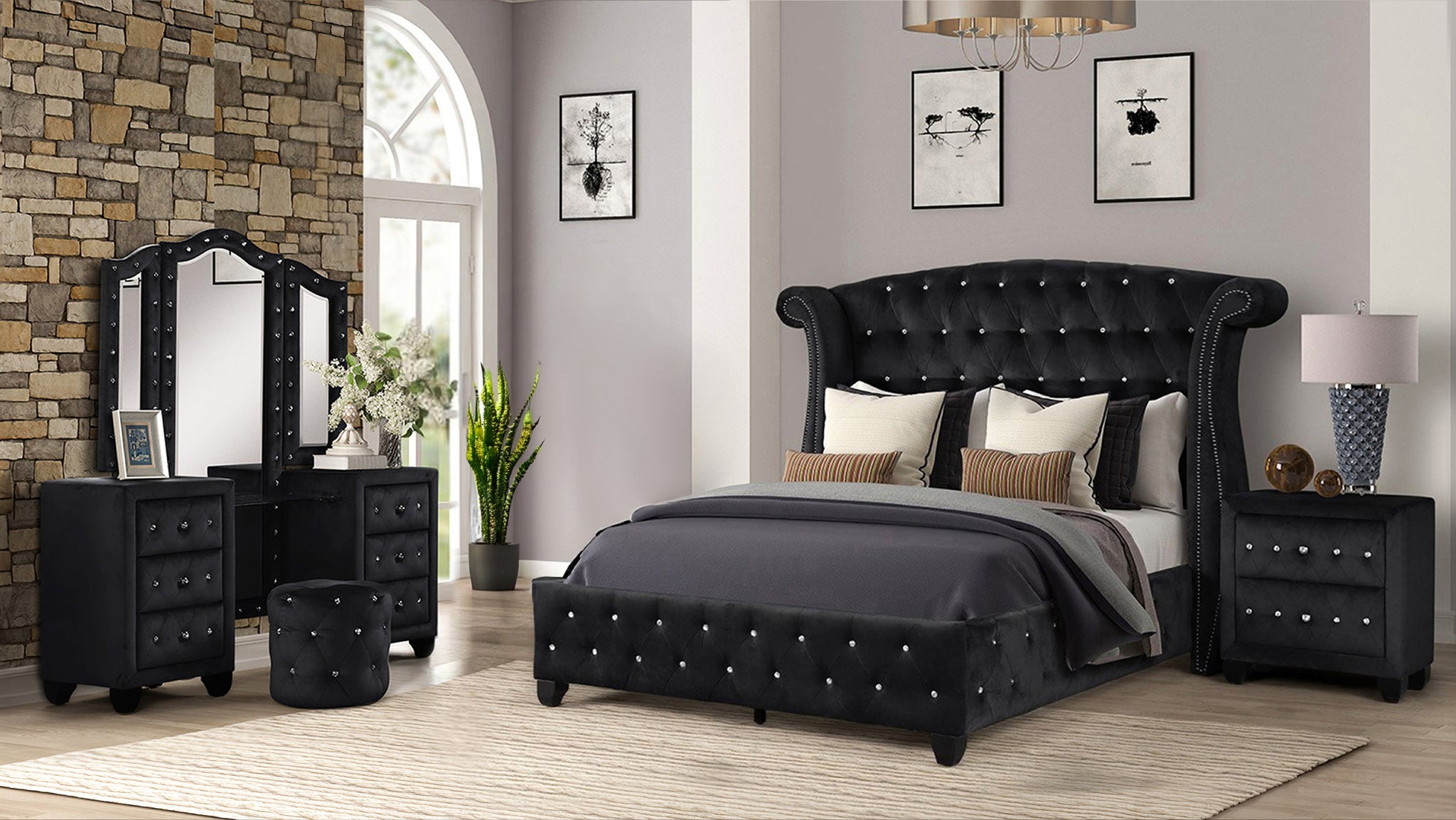 Sophia Queen 4 Pc Vanity Upholstery Bedroom Set Made With Wood In Black Box Spring Not Required Queen Black Wood 4 Piece Set Bedroom Contemporary,Modern Acacia Upholstered Velvet Tufted Wood