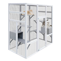 62.6" Wooden Cat House Large Catio, Solid Wood Cat Cage Shelter Enclosure Playpen With Anti Uv& Waterproof, 7 Platforms And 2 Resting Boxes Gray Wood