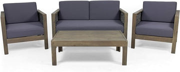 Outdoor 4 Seater Acacia Wood Chat Set With Wicker Accents And Cushions, Gray Mixed Gray Dark Gray Gray Acacia Wood