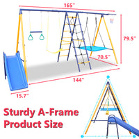 500 Lbs 7 In 1 Swing Set For Kids Backyard Outdoor A Frame Heavy Duty Metal Swing Sets With Slide, 2 Swing Seats, 1 Climbing Net & Ladder, 1 Gym Ring, 1 Basket Multicolor Steel