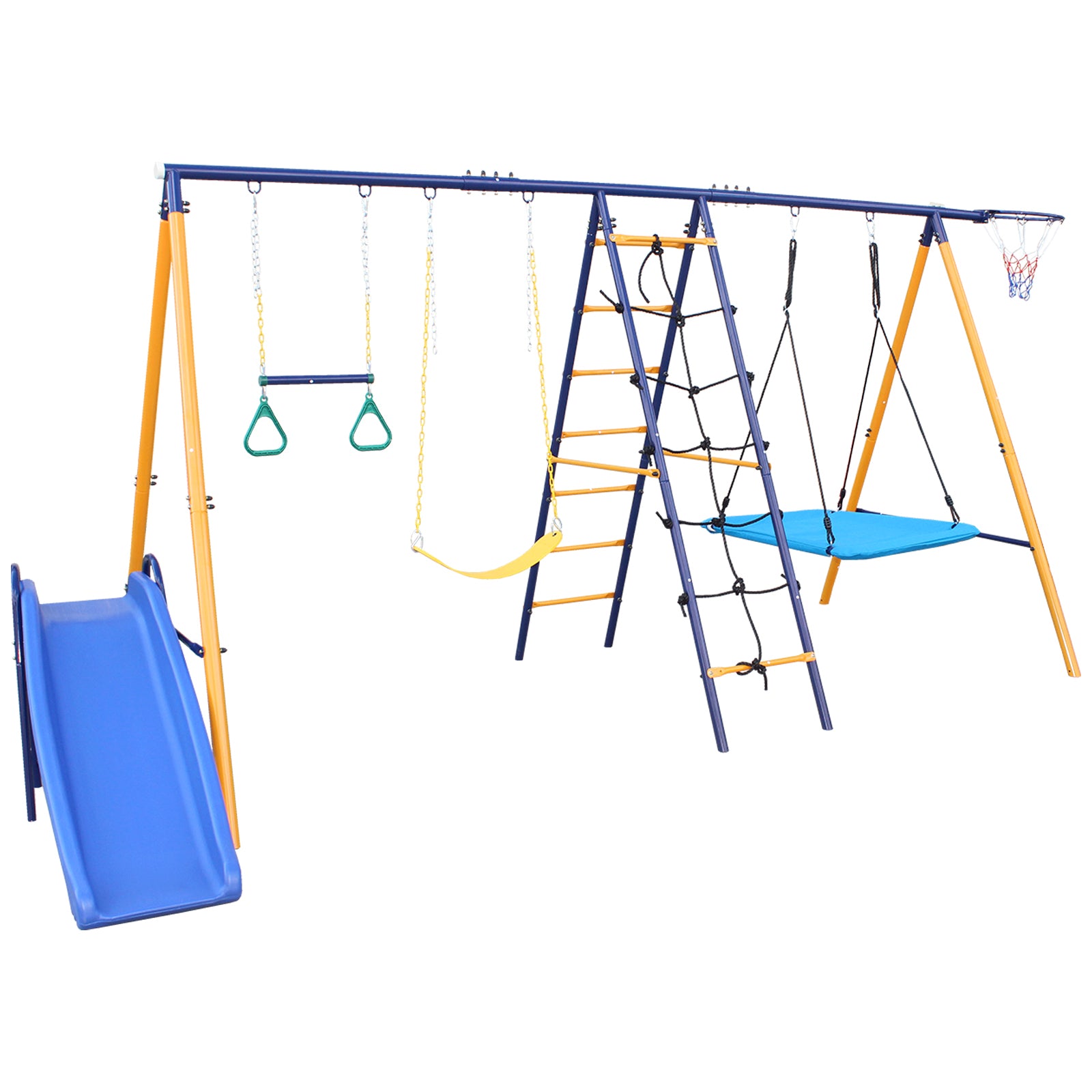 500 Lbs 7 In 1 Swing Set For Kids Backyard Outdoor A Frame Heavy Duty Metal Swing Sets With Slide, 2 Swing Seats, 1 Climbing Net & Ladder, 1 Gym Ring, 1 Basket Multicolor Steel