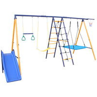 500 Lbs 7 In 1 Swing Set For Kids Backyard Outdoor A Frame Heavy Duty Metal Swing Sets With Slide, 2 Swing Seats, 1 Climbing Net & Ladder, 1 Gym Ring, 1 Basket Multicolor Steel