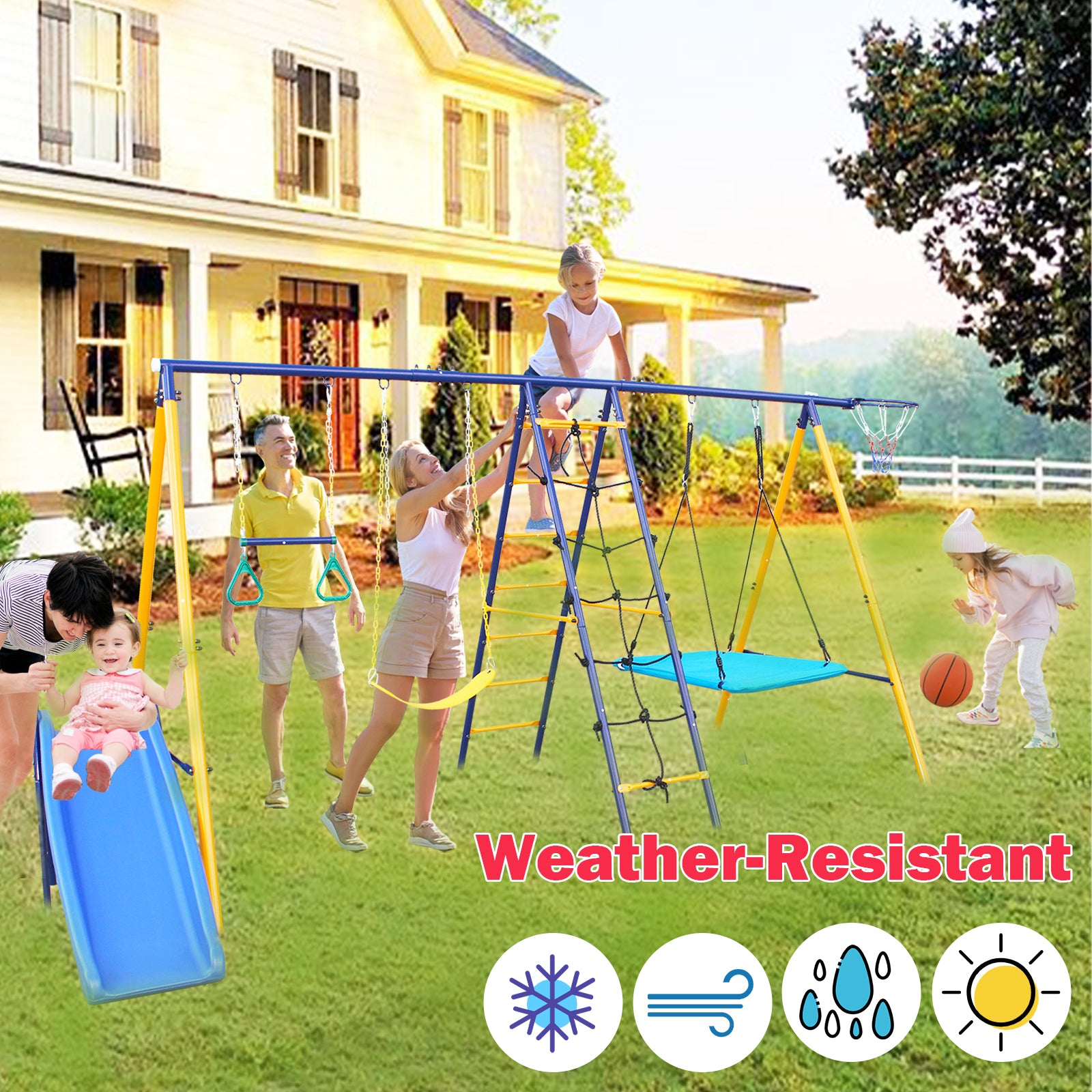 500 Lbs 7 In 1 Swing Set For Kids Backyard Outdoor A Frame Heavy Duty Metal Swing Sets With Slide, 2 Swing Seats, 1 Climbing Net & Ladder, 1 Gym Ring, 1 Basket Multicolor Steel