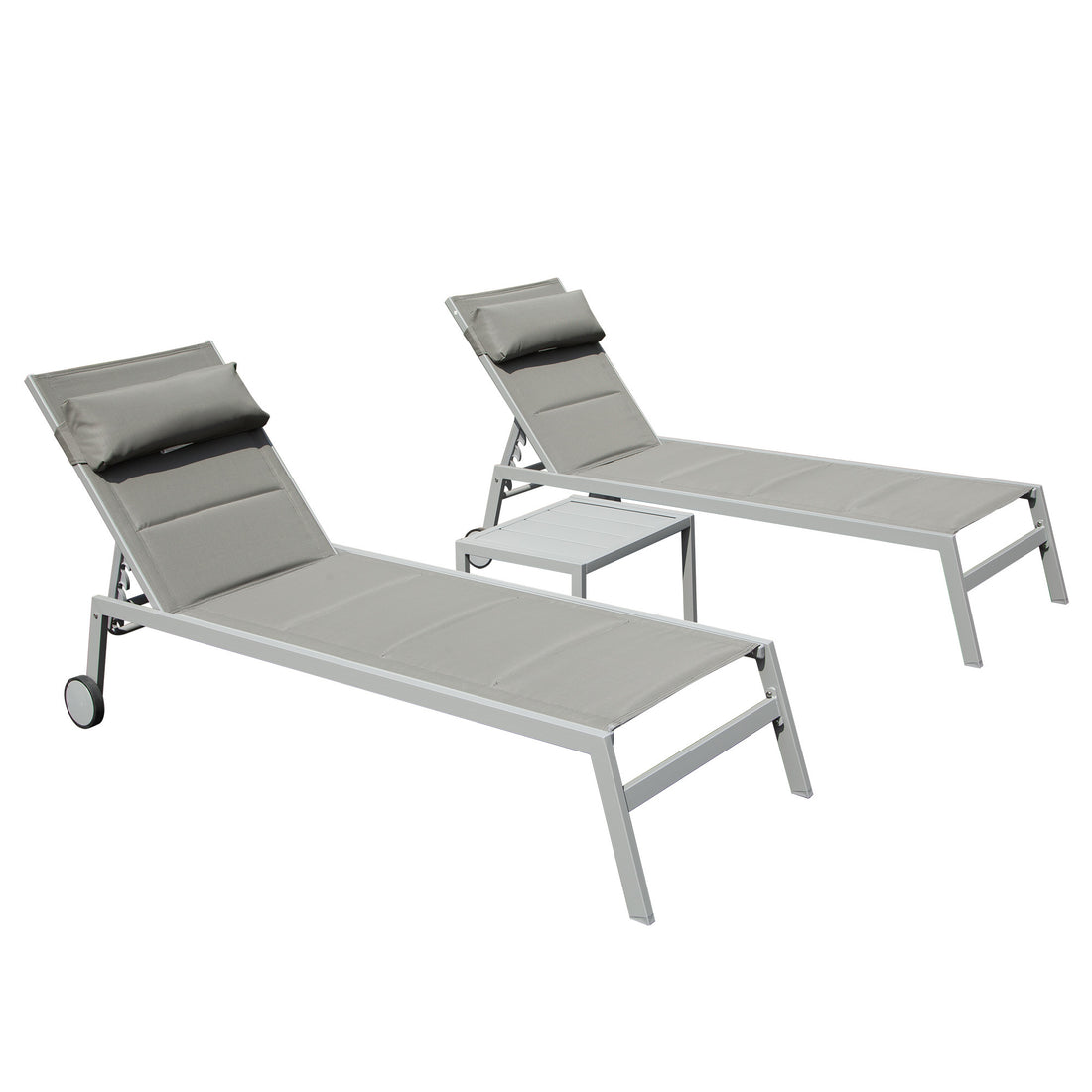 Outdoor Patio Chaise Lounge Set Of 3, Aluminum Pool Lounge Chairs With Side Table And Wheels, Textilene Padded Adjustable Recliner All Weather For Poolside, Beach, Yard, Balcony Gray Grey Aluminum