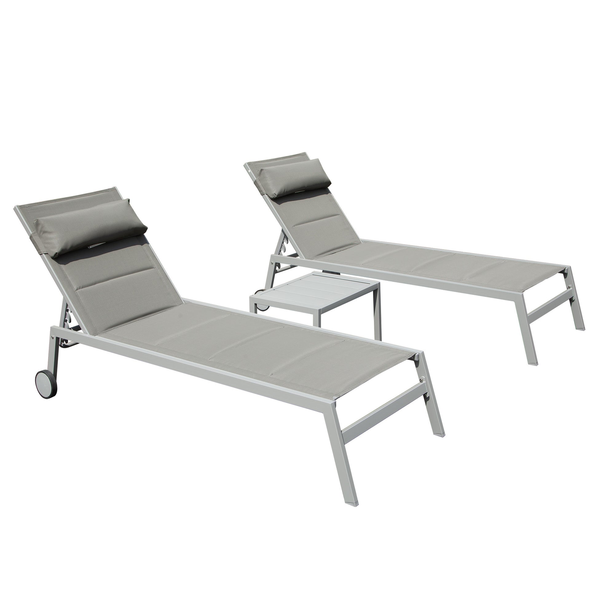 Outdoor Patio Chaise Lounge Set Of 3, Aluminum Pool Lounge Chairs With Side Table And Wheels, Textilene Padded Adjustable Recliner All Weather For Poolside, Beach, Yard, Balcony Gray Grey Aluminum