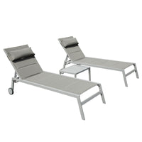 Outdoor Patio Chaise Lounge Set Of 3, Aluminum Pool Lounge Chairs With Side Table And Wheels, Textilene Padded Adjustable Recliner All Weather For Poolside, Beach, Yard, Balcony Gray Grey Aluminum