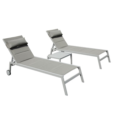 Outdoor Patio Chaise Lounge Set Of 3, Aluminum Pool Lounge Chairs With Side Table And Wheels, Textilene Padded Adjustable Recliner All Weather For Poolside, Beach, Yard, Balcony Gray Grey Aluminum
